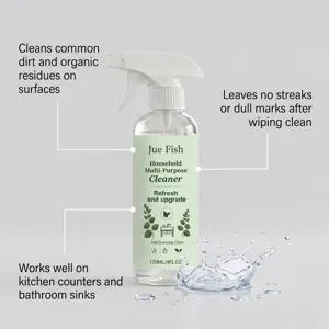 Détail du spray nettoyant multi-surface avec buse de pulvérisation et flacon transparent.