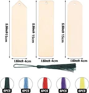 Unfinished wooden bookmarks with colorful tassels, blank DIY wood craft tags, 5.9x1.6 inch.