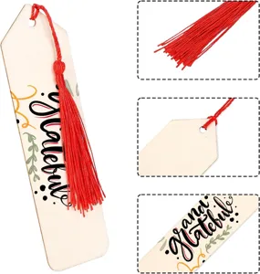 Wooden tassel bookmark detail showing wood texture, red tassel and printed graphic design.