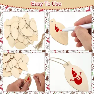 50Pcs Unfinished Wooden Bulb Wood Slices DIY Blank Christmas Hanging Wood Ornaments