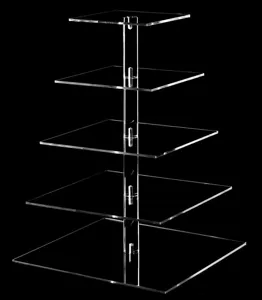 Clear acrylic 5-tier square display stand detail, showing transparent tiers and central pillar.