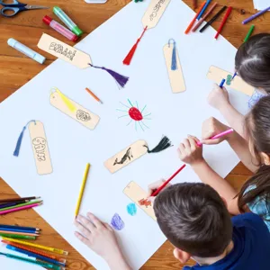 DIY wooden bookmarks crafting scene showcasing children painting on blank wood tags.