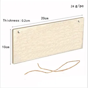 Wooden hanging sign blank board with two holes and hemp rope, size 20x10cm, thickness 0.2cm.