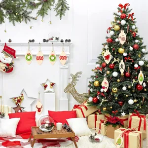 Detailed scene of unfinished wooden bulb slice ornaments for Christmas DIY holiday hanging decor.