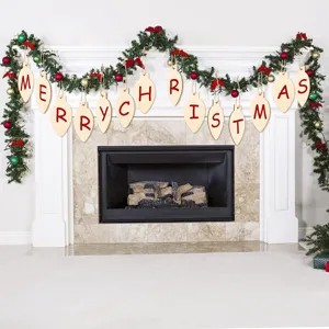 Close-up detail of wooden lightbulb Christmas hanging tags featuring festive holiday lettering.