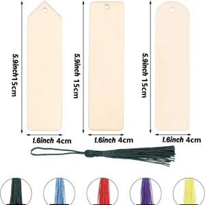 Wooden blank bookmarks set with colorful tassels, DIY craft unfinished bookmarks.