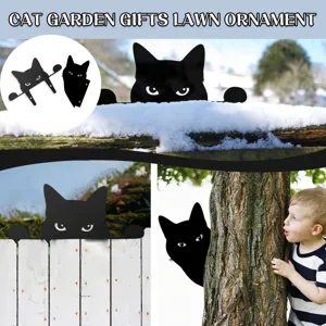 Black cat garden stakes metal fence decor outdoor lawn ornaments funny peeking cat statue