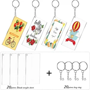 Ensemble de porte-clés en acrylique rectangulaire transparent DIY avec anneaux.