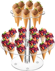 Support de Cornet de Crème Glacée Double Couche en Acrylique Transparent Présentoir de Dessert à 24 Trous pour Fête Pâtisserie Sushi
