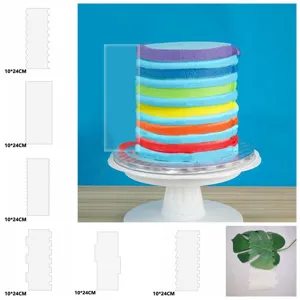 Transparent acrylic cake scraper detail showing multiple edge designs and baking usage scene.