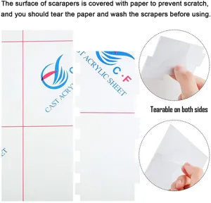 Detail view of clear acrylic cake scraper set showing protective paper and peelable design.