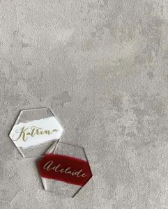 Tarjetas de sitio de acrílico hexagonal con nombres personalizados para bodas y mesas.
