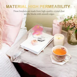 Crystal clear acrylic hexagon table sign detail, featuring smooth edges and sturdy base stand.
