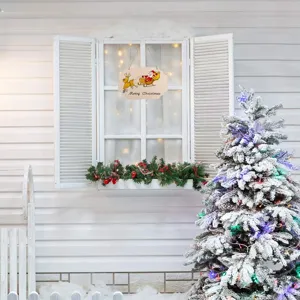 Placa colgante de navidad de madera con diseño de papá noel y reno para decoración navideña.