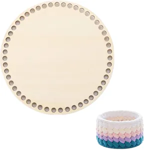 Fond de panier au crochet en bois design rond avec trous pré-perçés pour loisirs créatifs.