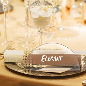 Tarjetas de sitio de acrílico transparente para bodas, letreros de mesa semicirculares en blanco.