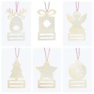 Set of 6 wooden Christmas hanging ornaments with blank name tags for DIY holiday decorating.
