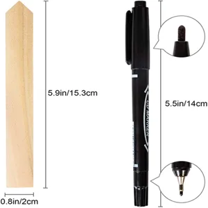 Wooden plant labels and black marker pen set with clear size dimensions for gardening DIY.