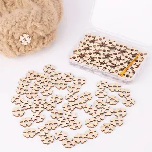 Wooden flower buttons for DIY crafts, sewing, and hat decoration with a storage box.