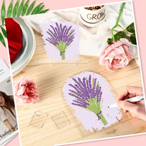 Tarjeteros transparentes de acrílico con diseño de lavanda para bodas DIY.