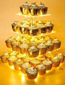 4 Tier Transparent Acrylic Square LED Lighted Cake Display Stand For Wedding Birthday Party Cupcake Shelf