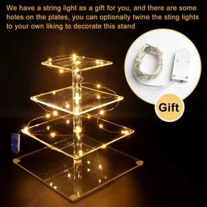4-Tier Transparent Acrylic Square Cake Display Stand with LED String Lights for Parties