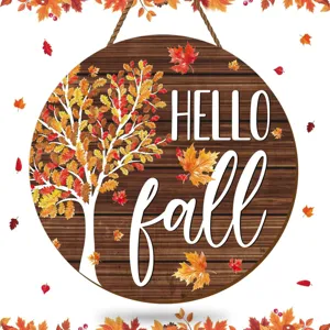 Wooden autumn hanging sign detail featuring fall maple tree and rustic greeting text design.