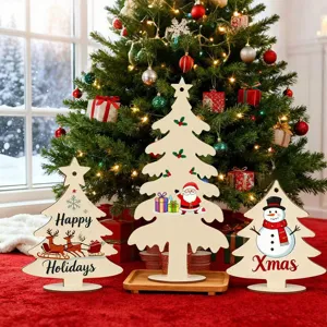 Set de decoración de mesa de árbol de navidad de madera con gráficos festivos y base.