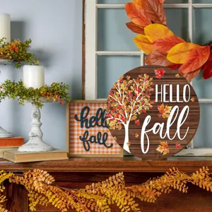 Autumn wooden hanging sign detail, fall maple leaf rustic home decor, farmhouse door plaque.