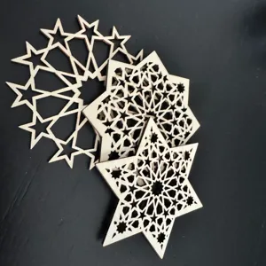 Close-up detail of hollow wooden geometric star coasters, natural laser-cut decorative craft.