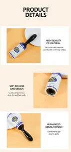 Portable lint roller detail view, featuring a 360-degree rolling axis and durable PP handle.