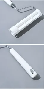 Detailed view of white plastic lint roller handle and core frame, durable pet hair remover tool