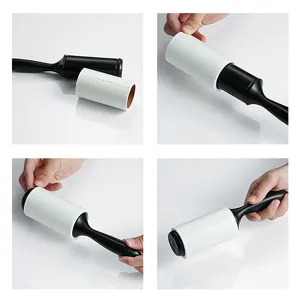 Portable lint roller with tearable adhesive paper for easy clothing hair and dust removal.