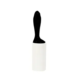 Portable lint roller with white sticky paper roll and black handle for removing pet hair dust.