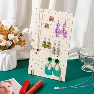 Wooden earring holder display stand detail view, perfect for organizing and showcasing jewelry.