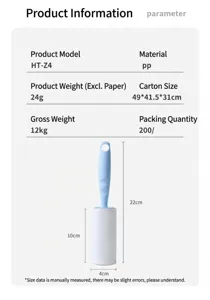 Portable lint roller detail view, showing product specifications, dimensions and PP material.