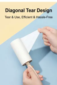 Adhesive lint roller with diagonal tear design for easy pet hair removal and home cleaning.