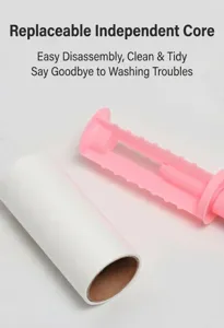 Portable lint roller with replacement core, easy tear sticky paper for clothes and pet hair removal.
