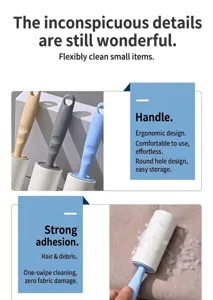 Portable tearable lint roller with ergonomic handle for easy pet hair and dust removal.