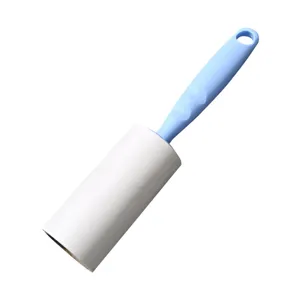 Portable lint roller with blue handle and tearable sticky sheets for pet hair removal.