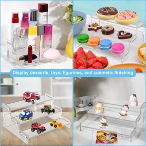 Clear acrylic 3 tier display riser shelf for action figures cosmetics and cupcakes.
