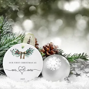 Christmas ceramic ornament for newlywed couple first christmas tree hanging decoration detail.