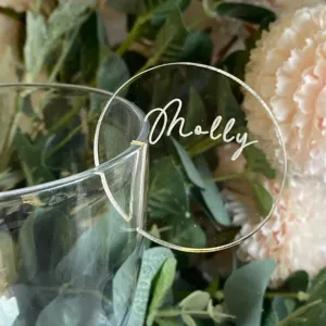 Clear acrylic round drink tag with name detail for wedding party glass rim decoration.