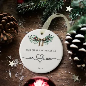 Round Christmas ornament for newlywed couples, perfect festive tree hanging decor 2025.