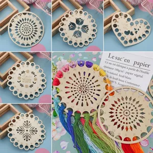 Dettagli organizzatore di filo per ricamo in legno, varie forme con numeri da 1 a 20.