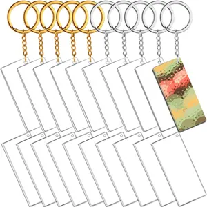 Portes-clés acryliques rectangulaires transparents DIY avec anneaux dorés et argentés vierges.
