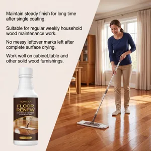 Gros plan de la bouteille de politure pour sol et femme nettoyant un sol en bois confortable