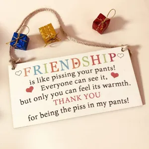 Funny wooden hanging sign with humorous friendship quote and mini gift box decor for best friends.