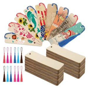 Marcador Colgante Rectangular de Madera en Blanco DIY Pintura Inacabada Con Borlas Coloridas Para Manualidades