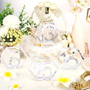 Acrylic mirrored hexagon table number signs, silver wedding reception party decor, 4pcs.